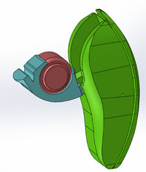 CAD design showing the three components of the ear piece: 1) main body, 2) opening slit, 3) battery